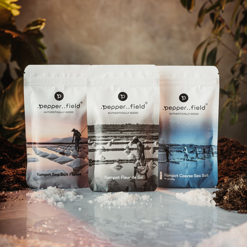 Sada prírodných solí z Kampotu - soľný kvet (100g), soľné pyramídy (100g), hrubá soľ (120g)