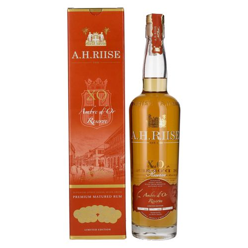 A.H. Riise X.O. Ambre d'Or Reserve 42% 0,7L v kazete + 2 poháre