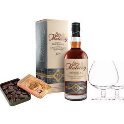 Malecon 25 Y.O., GIFT + Chocolate Amatller Lístky zo 70% čokolády, 60g + 2 x pohár